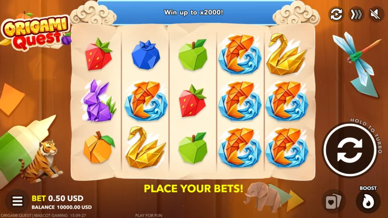Origami Quest - màn hình trò chơi với bảng đặt cược và nút Boost